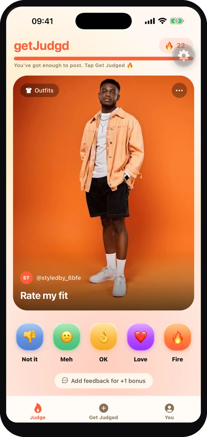 The getJudgd feed โ tap a reaction to honestly rate an outfit